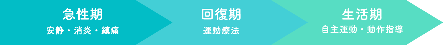 急性期　安静・消炎・鎮痛　回復期　運動療法　生活期　自主運動・動作指導